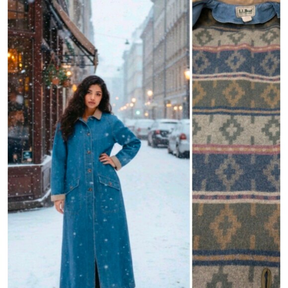 L.L. Bean Jackets & Blazers - LL Bean Long Denim L Chore Coat Navajo Inspired Wool Blanket Lined Retro 80s